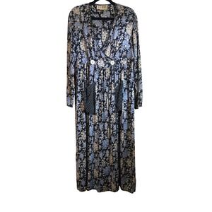 TT MAR Vintage Floral Polka Dot Maxi Dress Blue Black Rayon Long Sleeve Pockets